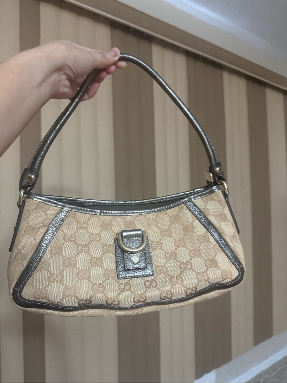 Gucci Beige GG Canvas Shoulder Bag with Metallic Bronze Trim